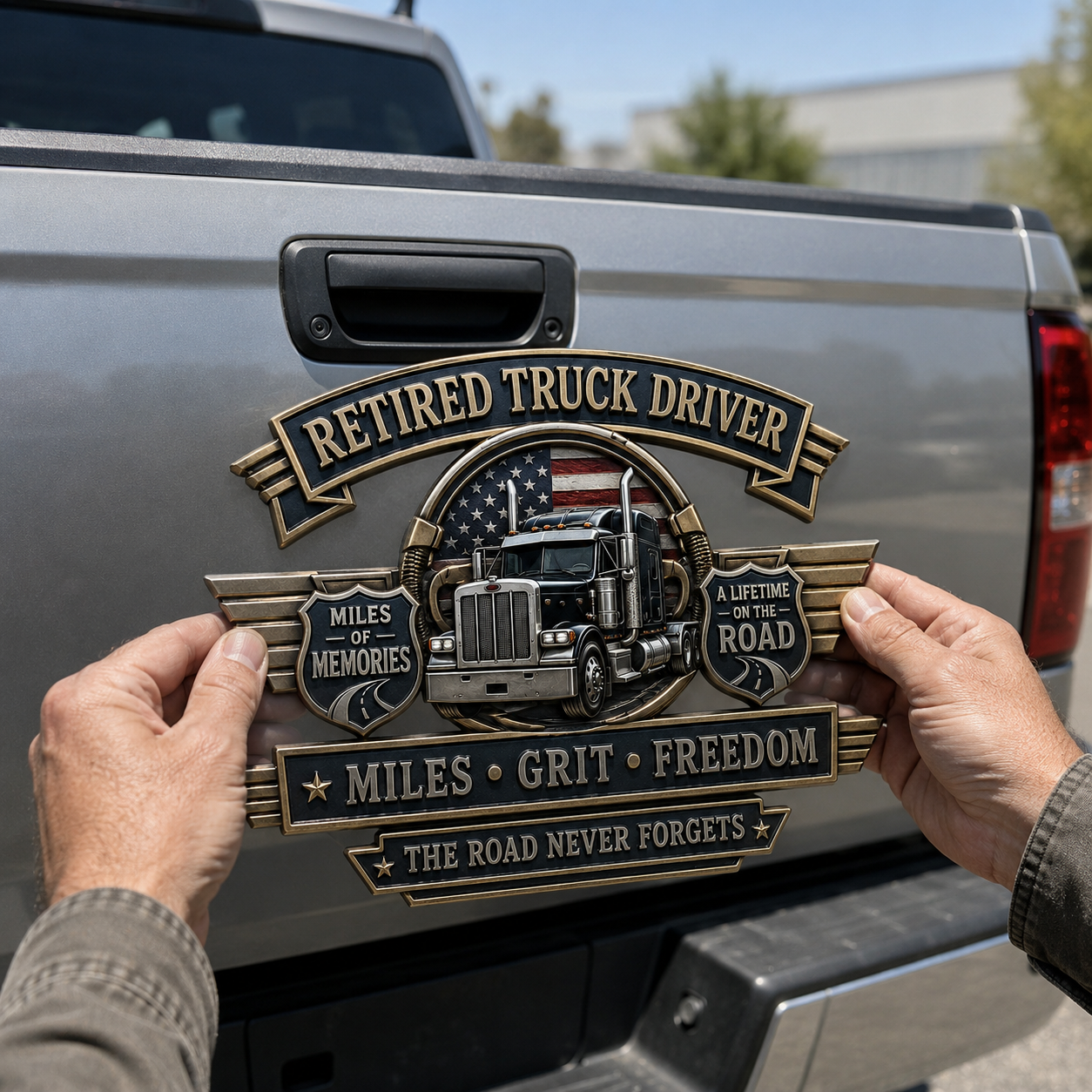 Retired Truck Driver Miles Grit Freedom Metal Car Emblem