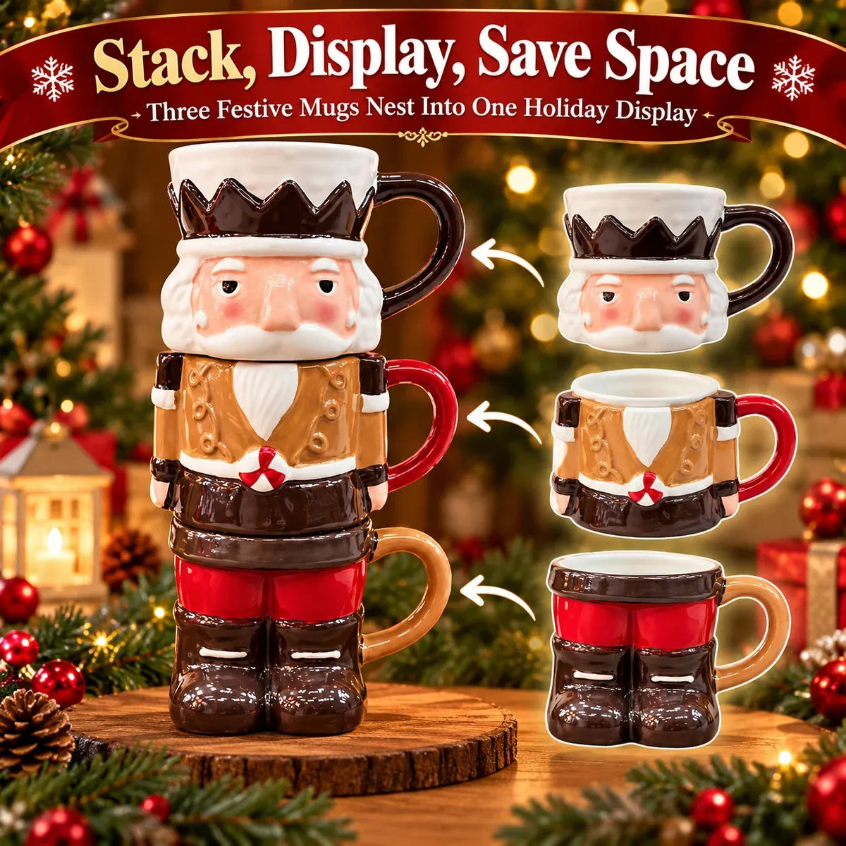 3-Piece Stackable Nutcracker Christmas Mug Set