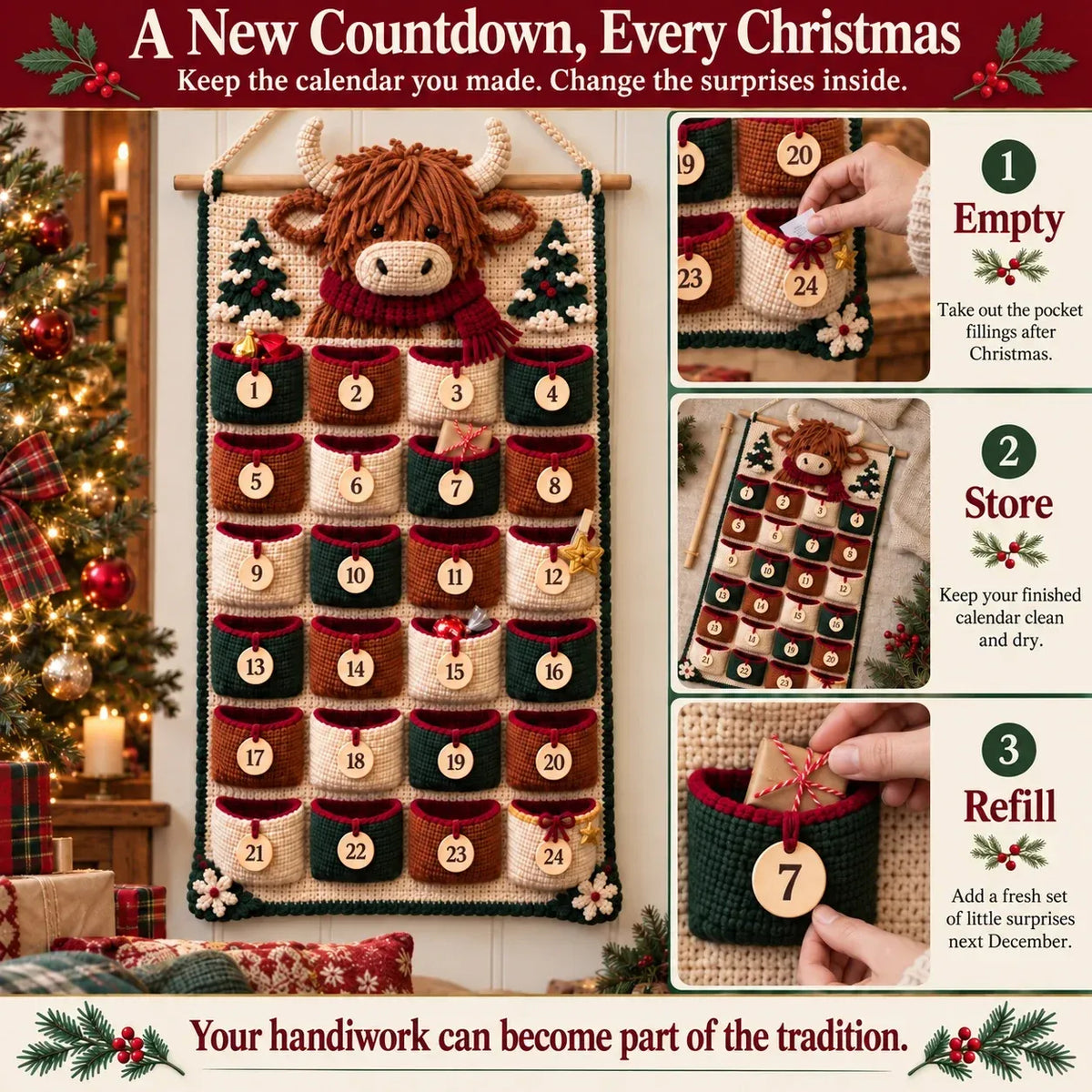 DIY Crochet Advent Calendar Kit | 24 Refillable Pockets
