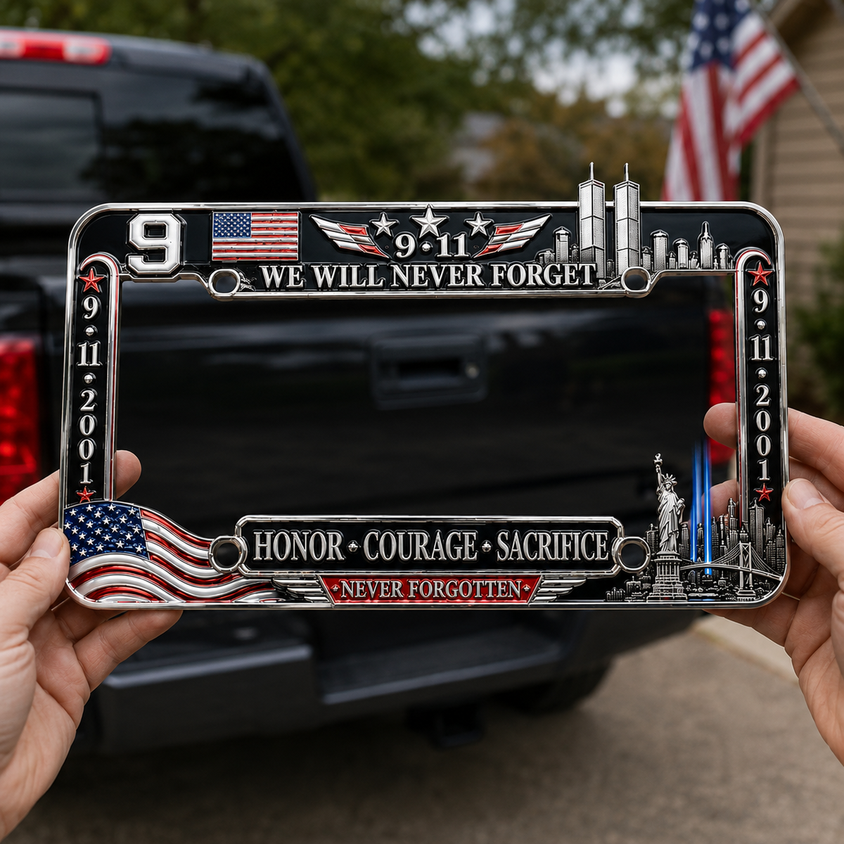 9·11 “We Will Never Forget” 25th Anniversary Metal License Plate Frame
