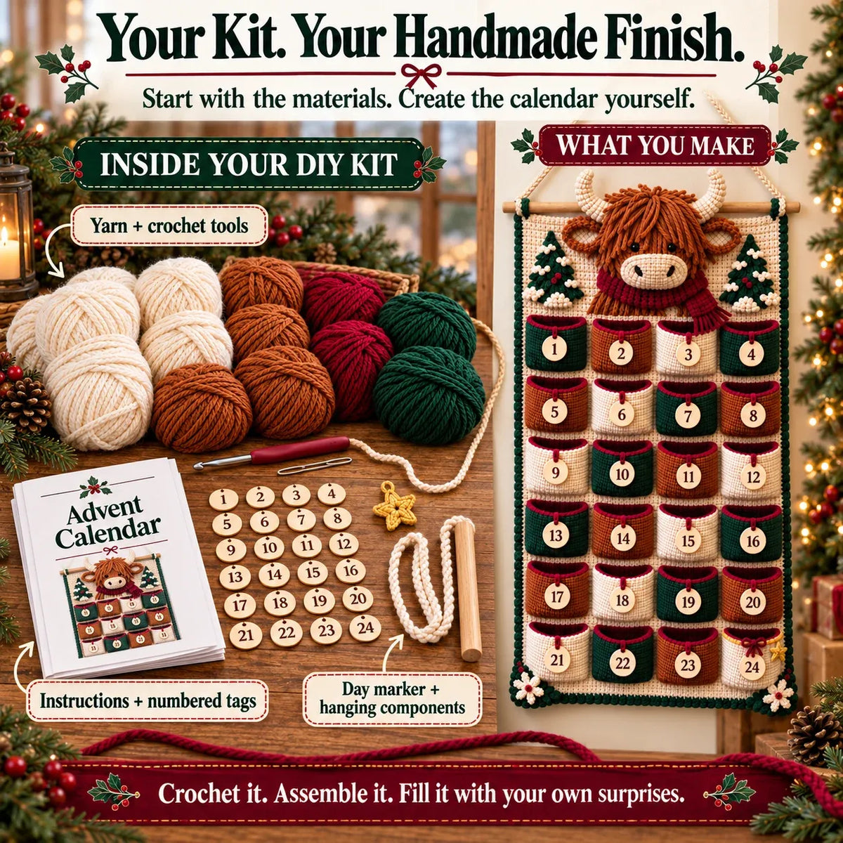 DIY Crochet Advent Calendar Kit | 24 Refillable Pockets