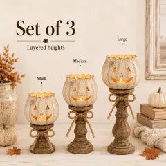 Rustic White Pumpkin Tealight Candle Holder Set