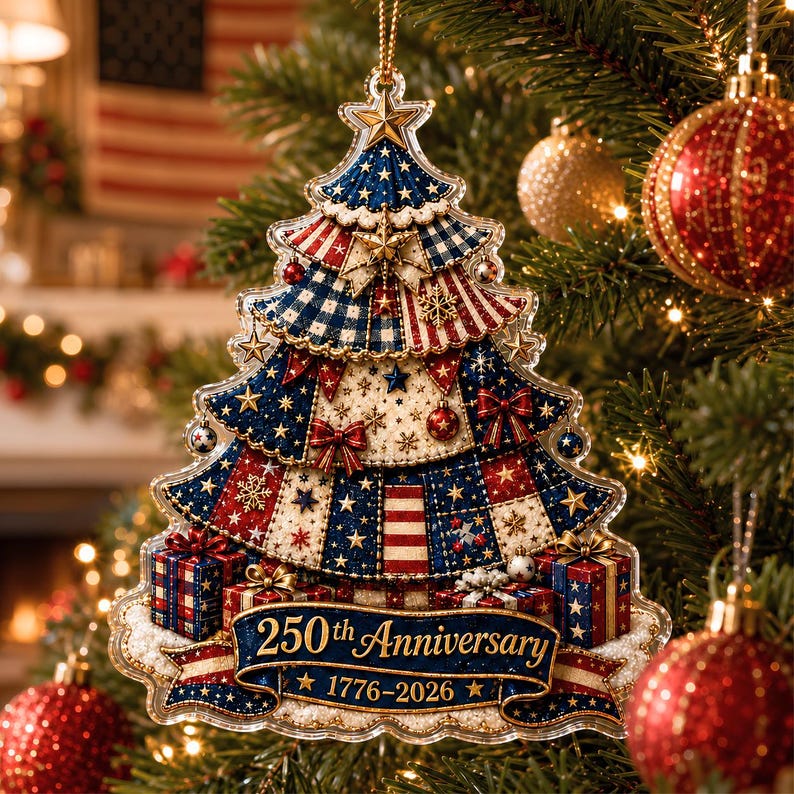 US 250th Anniversary Christmas Ornament, 6 Vintage American Flag Styles