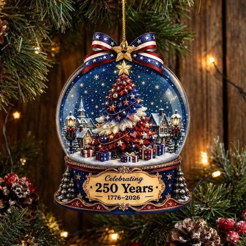 US 250th Anniversary Christmas Ornament, 6 Vintage American Flag Styles