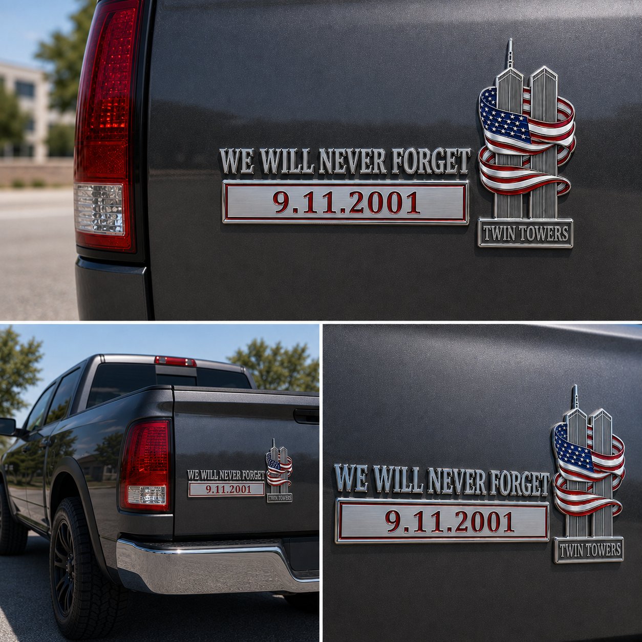 We Will Never Forget 9/11 Memorial 3D Chrome Metal Car Emblem