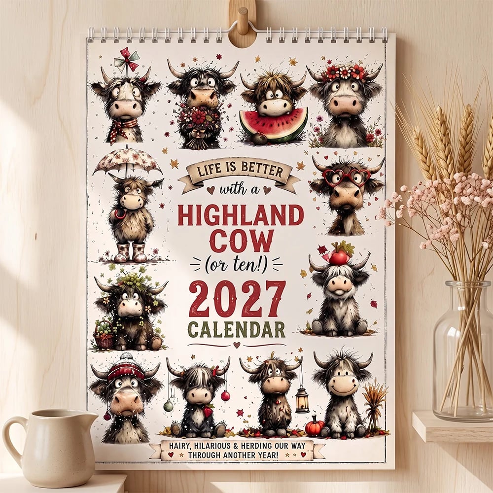 2027 Cute Highland Cow Wall Calendar  | Life Is Better With A Highland Cow