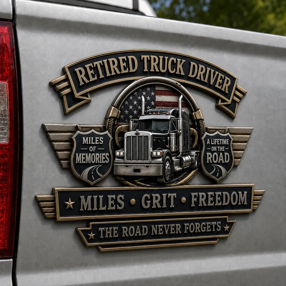 Retired Truck Driver Miles Grit Freedom Metal Car Emblem