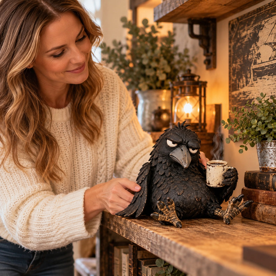 Grumpy Coffee Raven Figurine