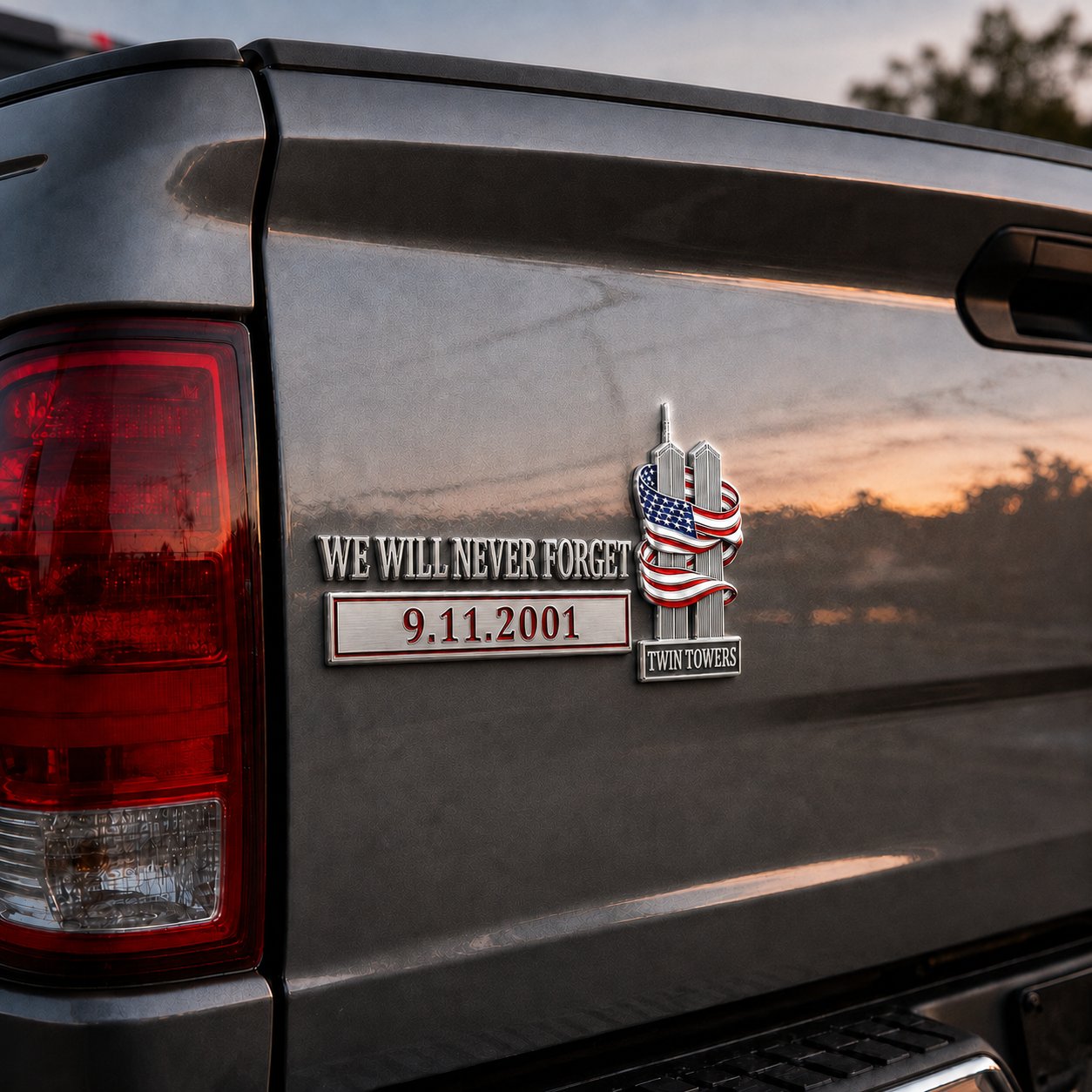 We Will Never Forget 9/11 Memorial 3D Chrome Metal Car Emblem