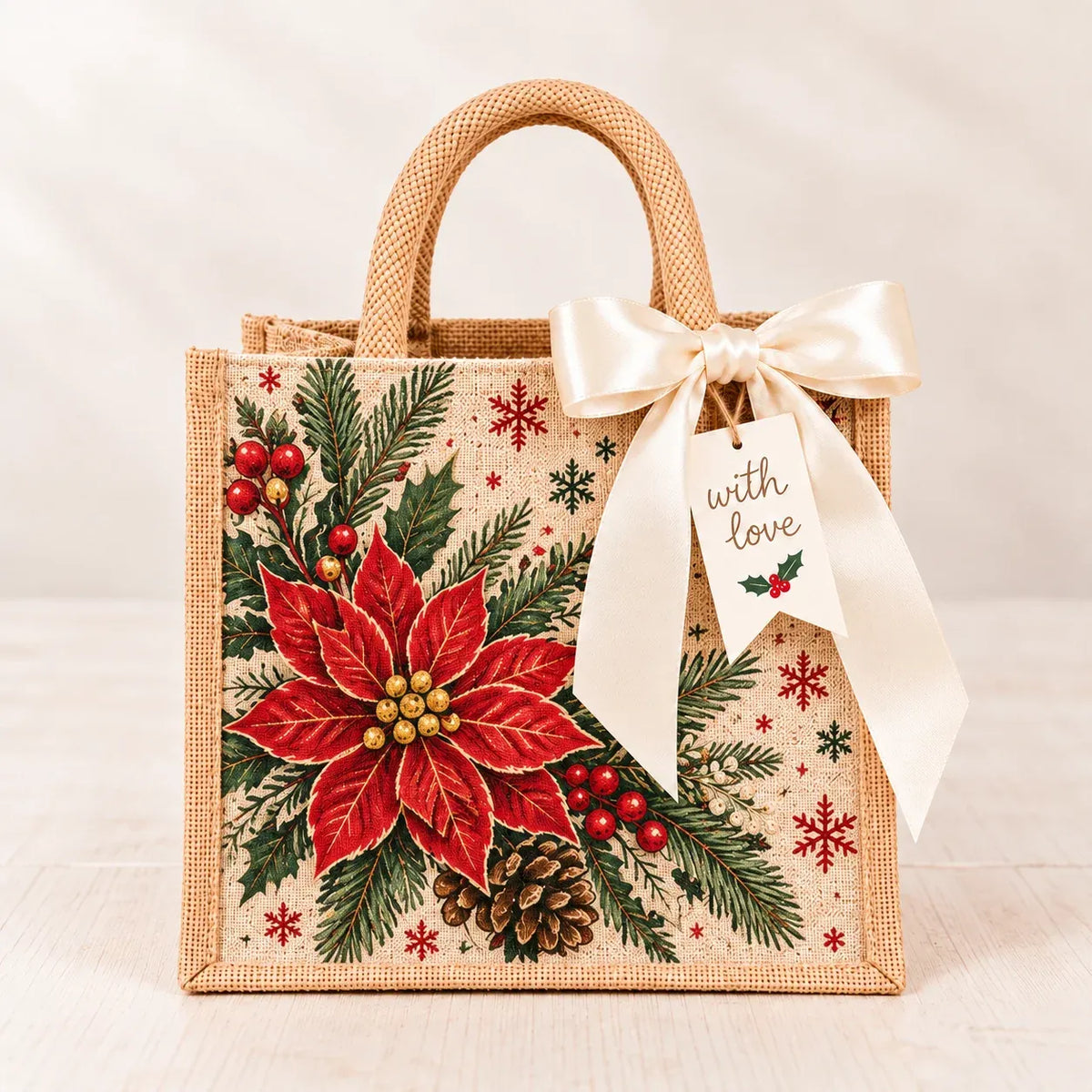 Vintage Christmas Burlap Gift Tote Bag
