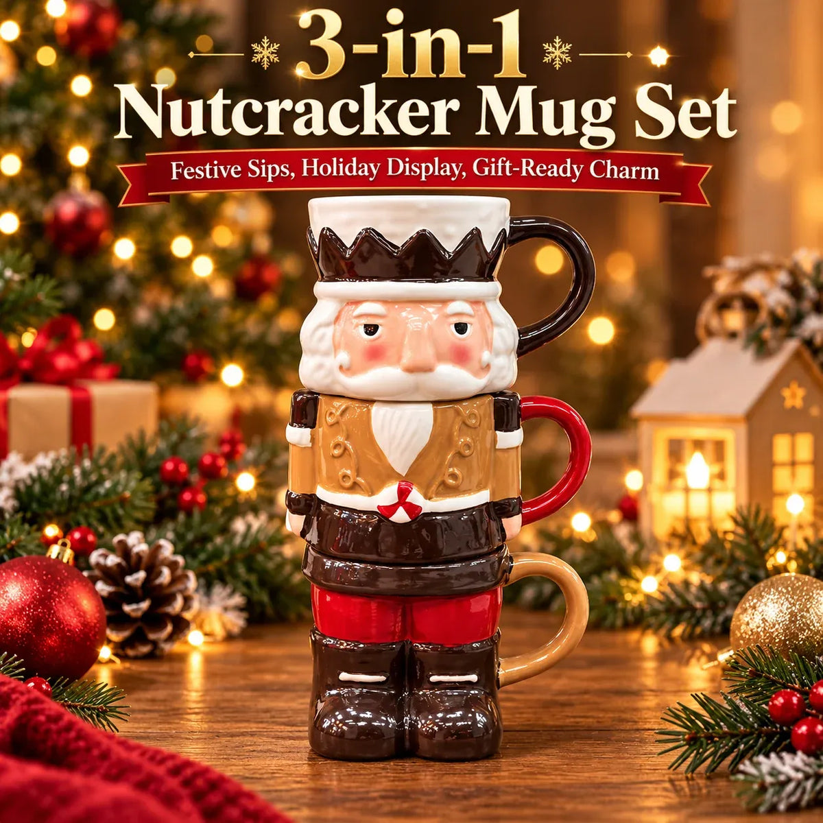 3-Piece Stackable Nutcracker Christmas Mug Set
