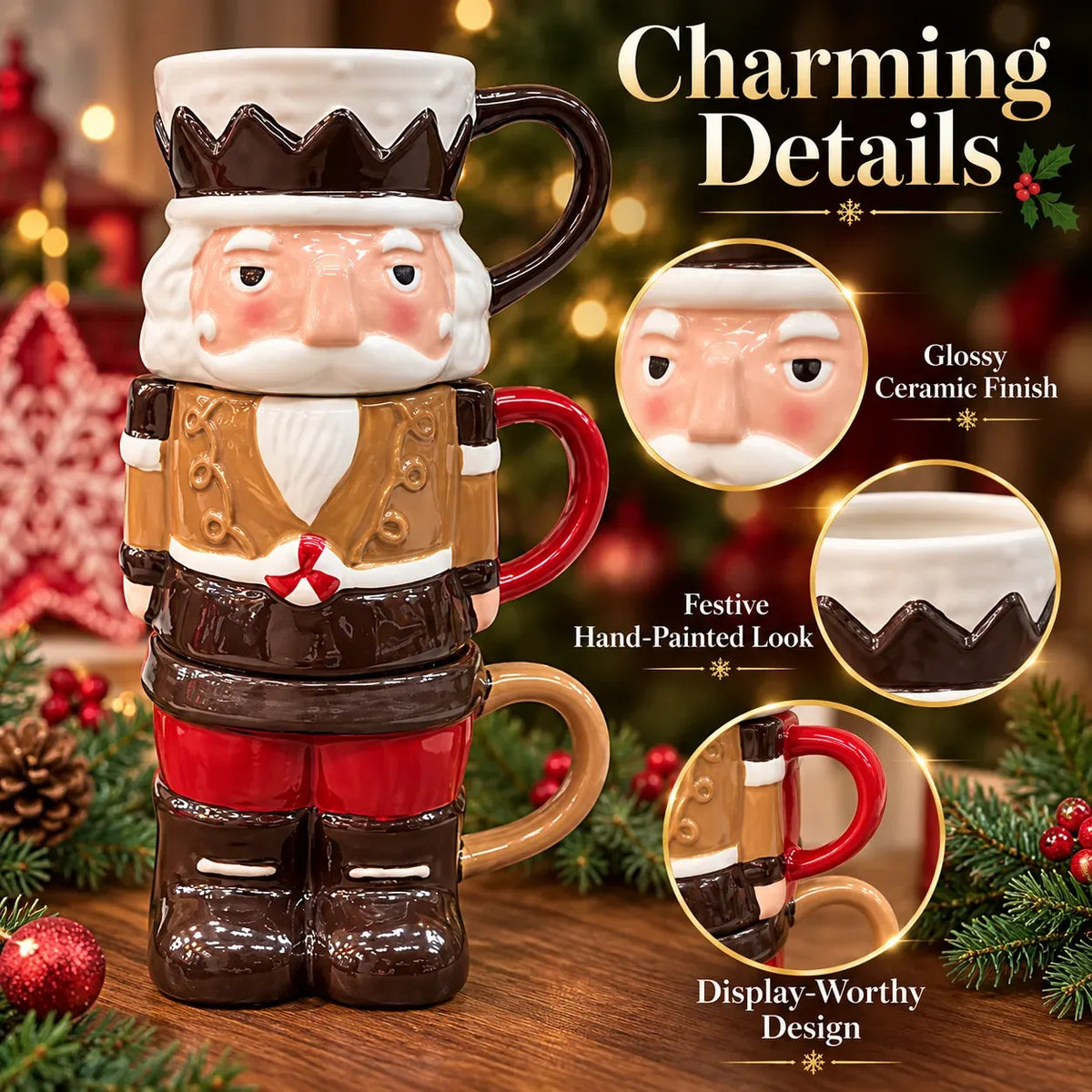 3-Piece Stackable Nutcracker Christmas Mug Set