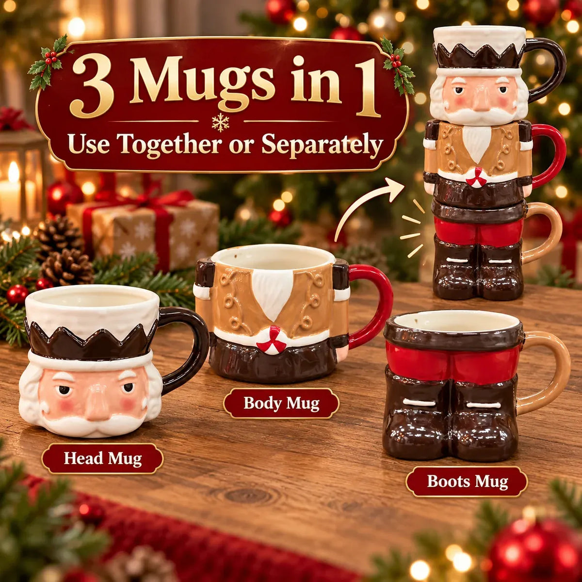 3-Piece Stackable Nutcracker Christmas Mug Set