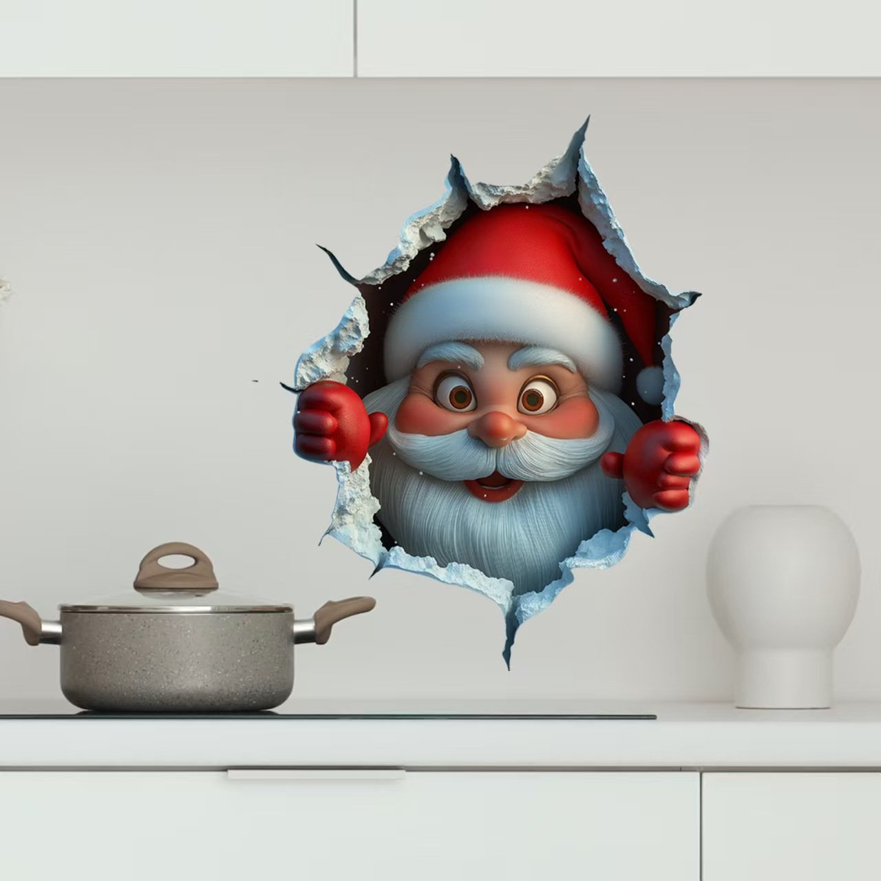 Santa Claus Breaking Through The Wall Sticker, 3D Removable PVC Christmas Decal