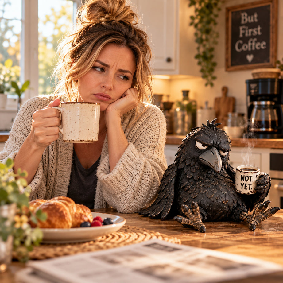 Grumpy Coffee Raven Figurine