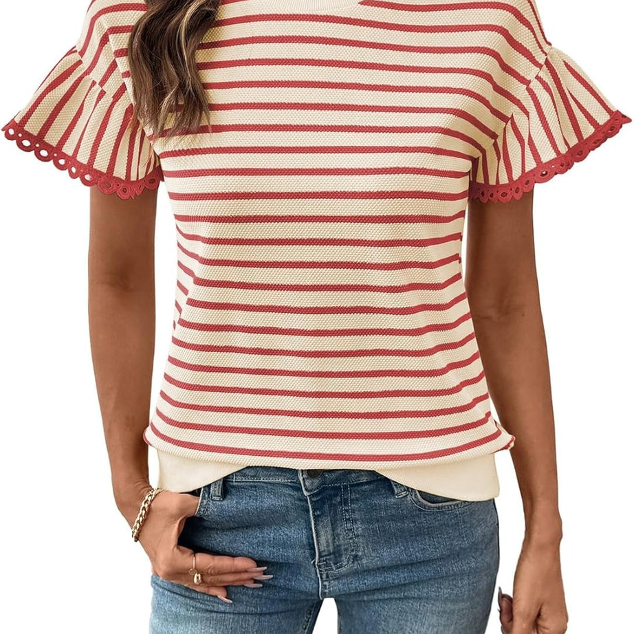 Women Summer Loose Trendy Rib Knit Stripe Shirt