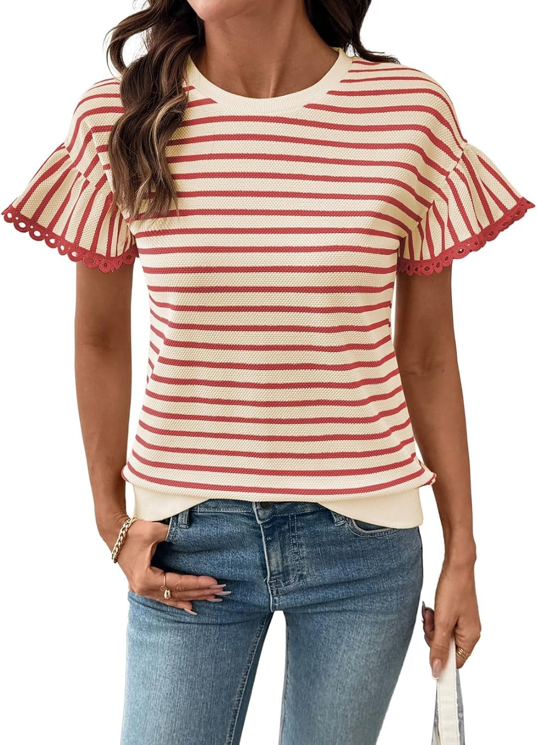 Women Summer Loose Trendy Rib Knit Stripe Shirt
