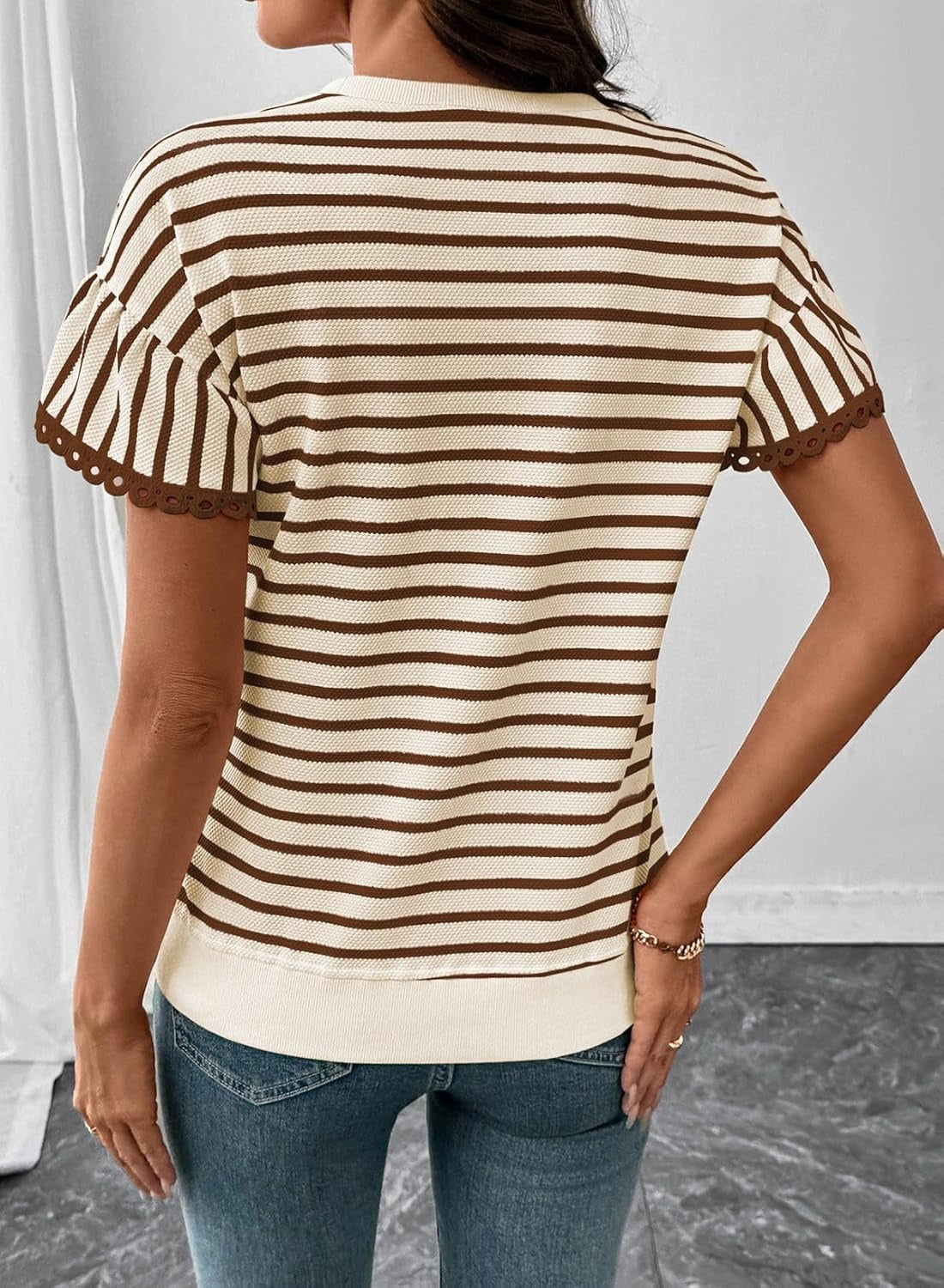 Women Summer Loose Trendy Rib Knit Stripe Shirt