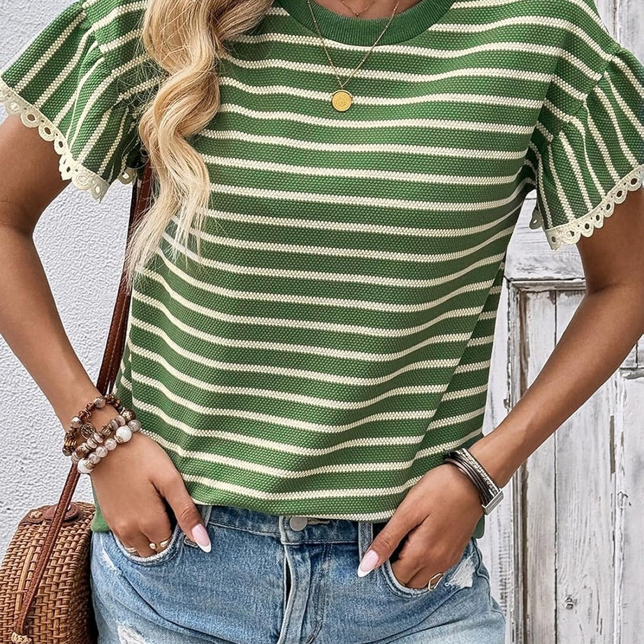 Women Summer Loose Trendy Rib Knit Stripe Shirt