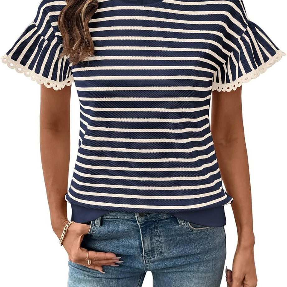 Women Summer Loose Trendy Rib Knit Stripe Shirt