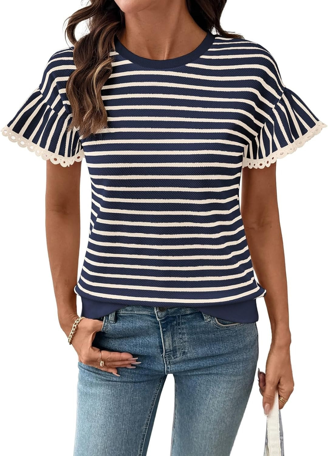 Women Summer Loose Trendy Rib Knit Stripe Shirt
