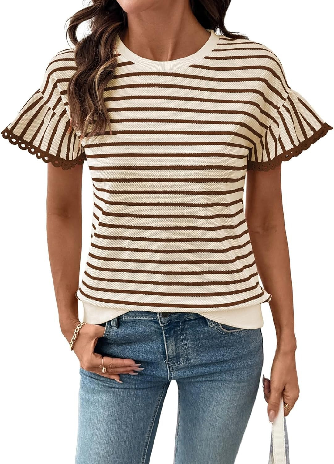 Women Summer Loose Trendy Rib Knit Stripe Shirt