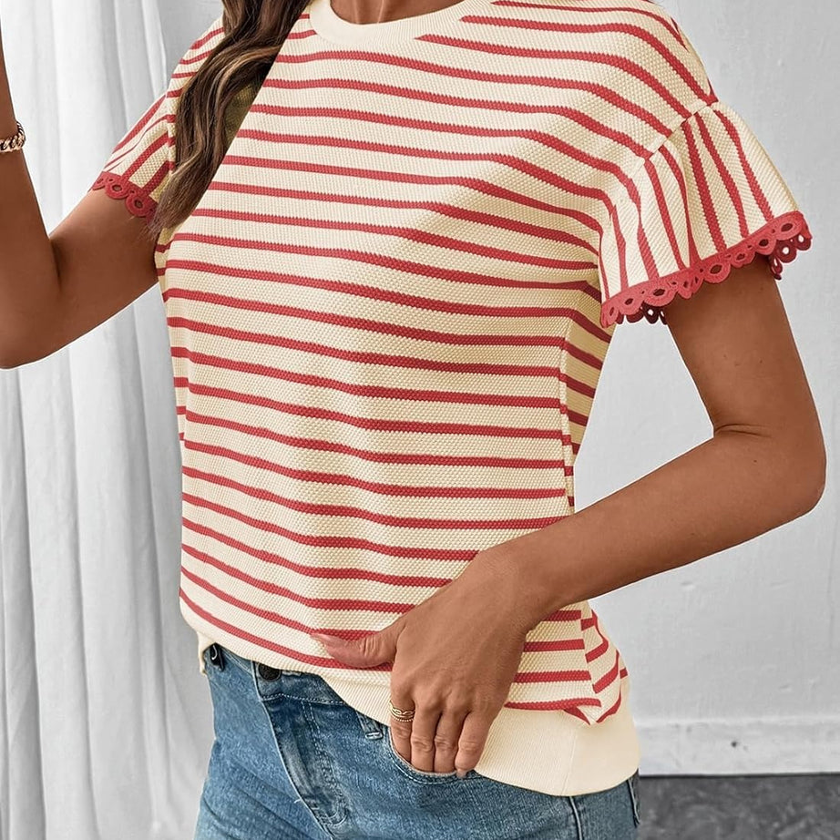 Women Summer Loose Trendy Rib Knit Stripe Shirt