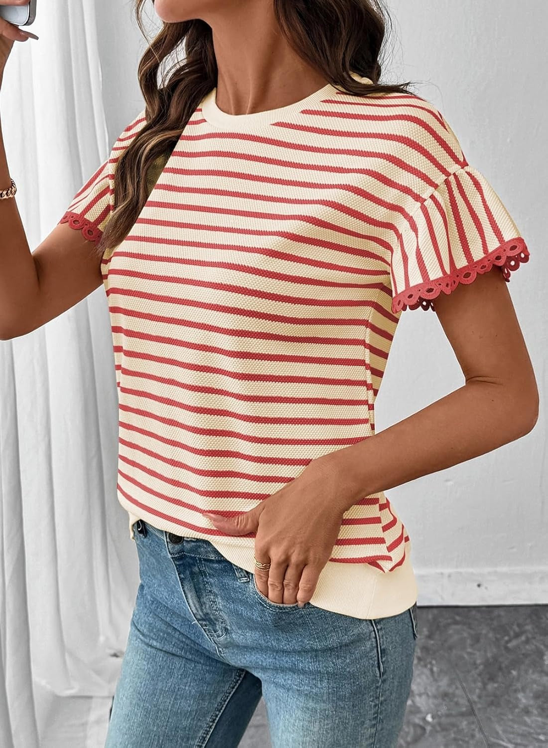 Women Summer Loose Trendy Rib Knit Stripe Shirt
