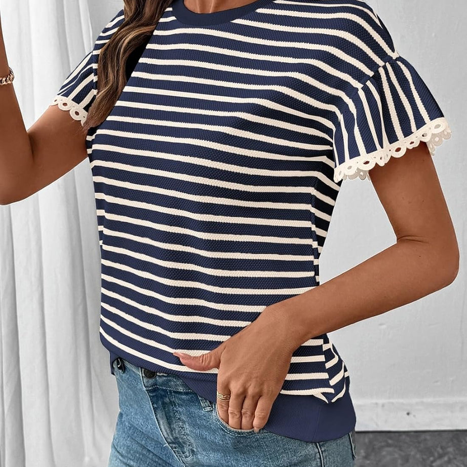 Women Summer Loose Trendy Rib Knit Stripe Shirt