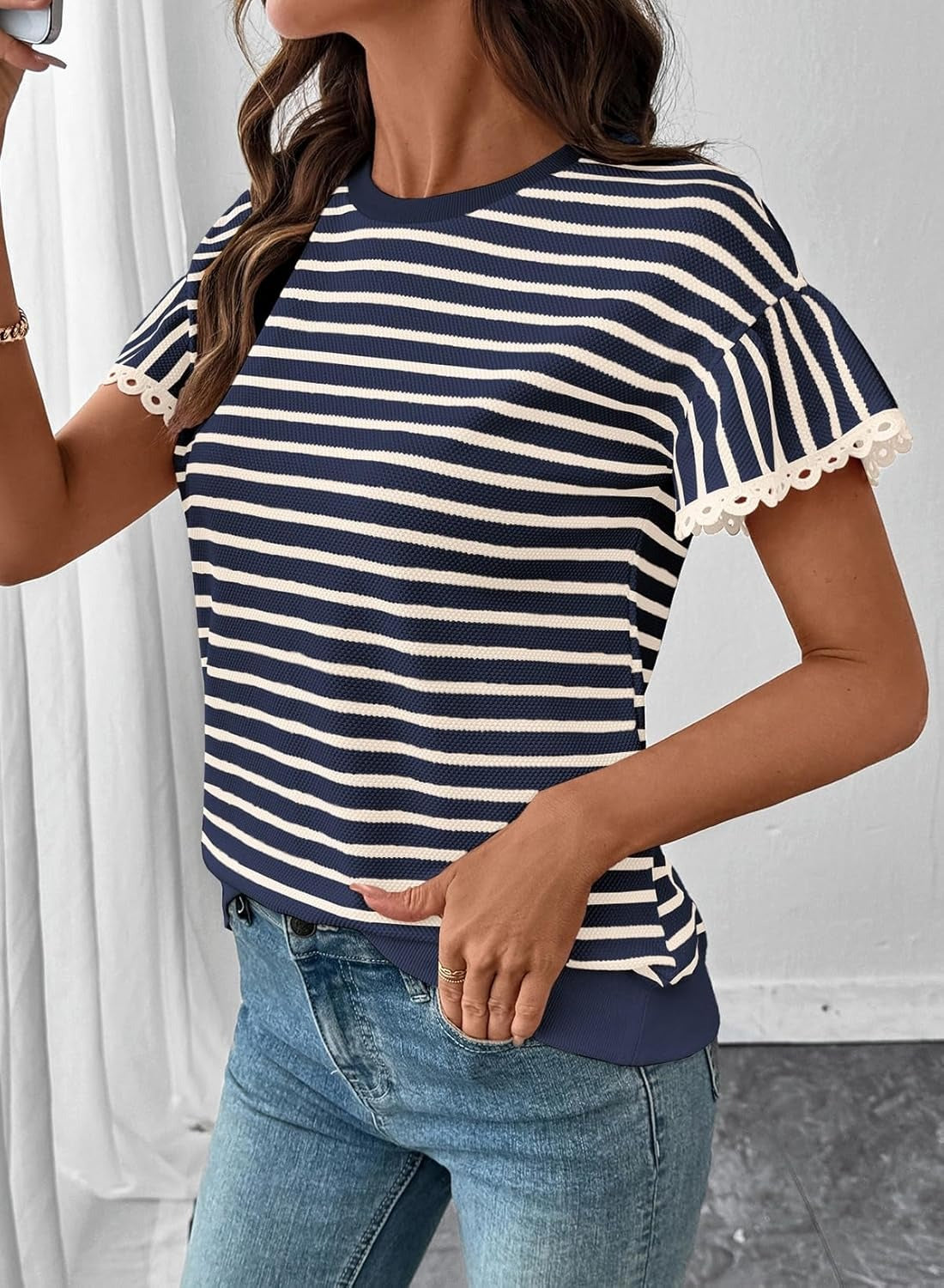 Women Summer Loose Trendy Rib Knit Stripe Shirt