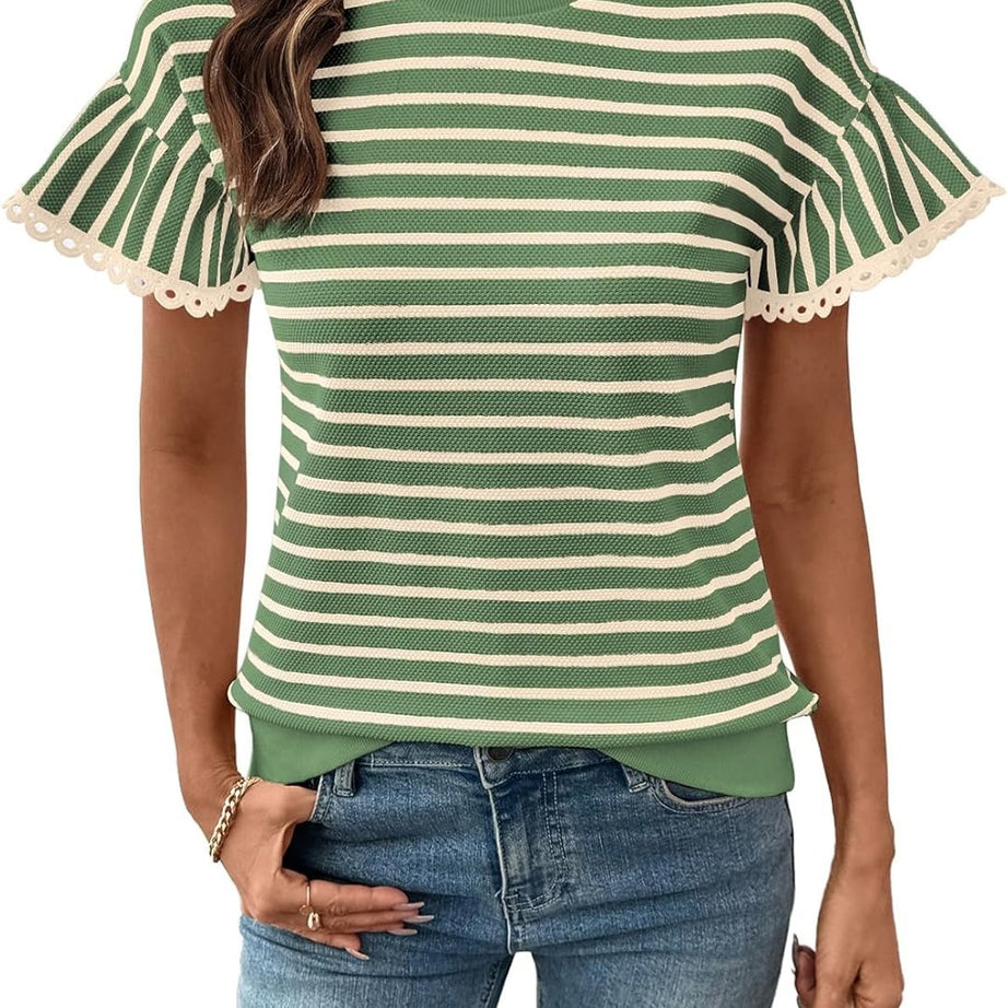 Women Summer Loose Trendy Rib Knit Stripe Shirt