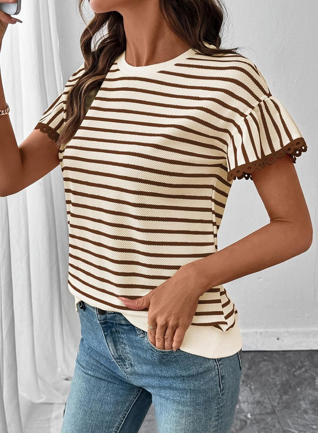 Women Summer Loose Trendy Rib Knit Stripe Shirt