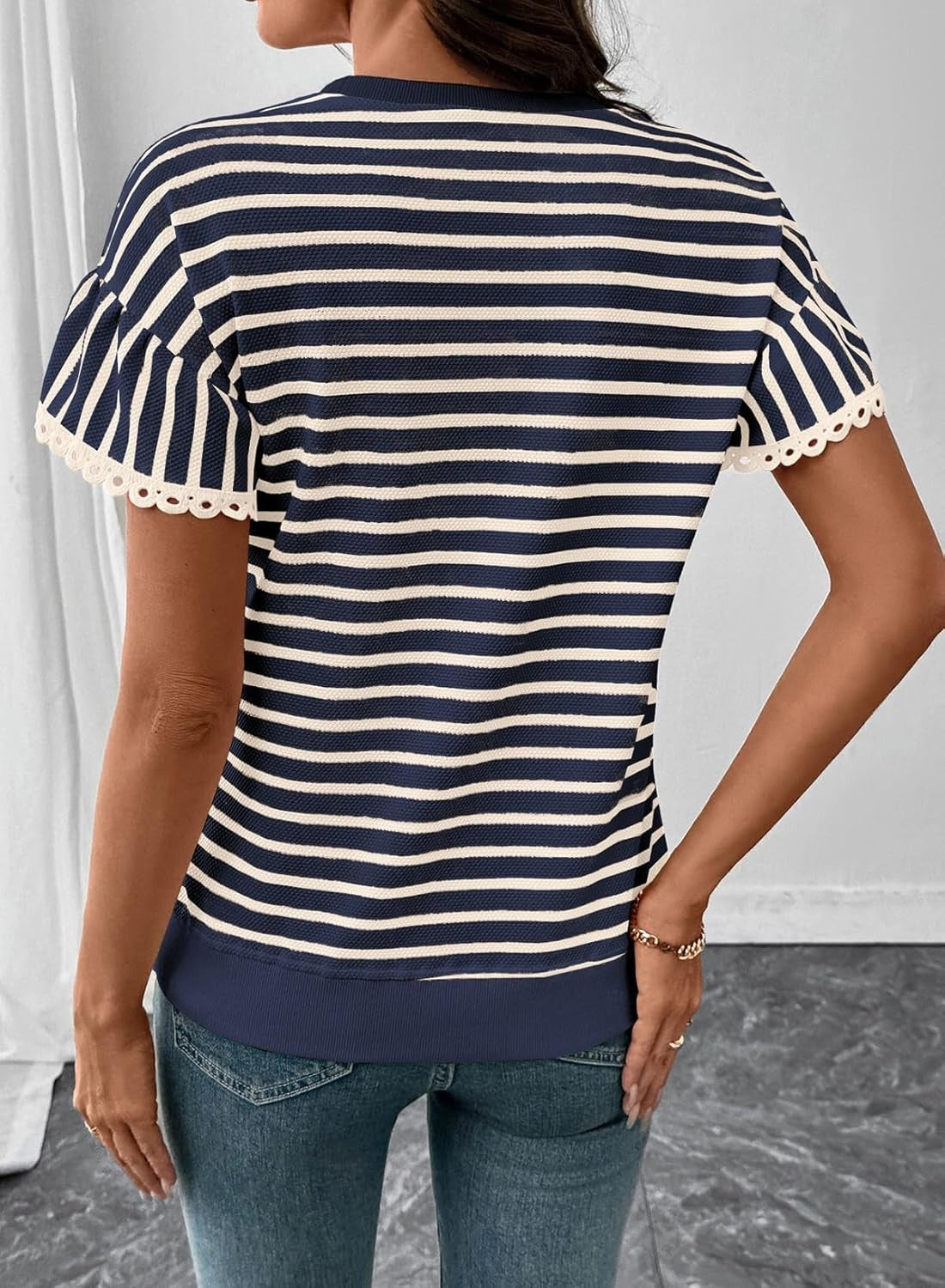 Women Summer Loose Trendy Rib Knit Stripe Shirt