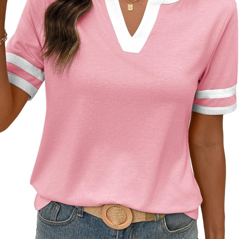 Women's Summer V Neck Colorblock Short Sleeve T-Shirts