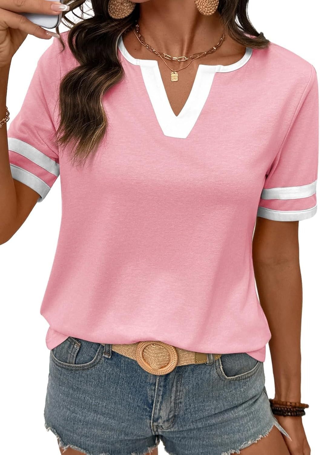 Women's Summer V Neck Colorblock Short Sleeve T-Shirts