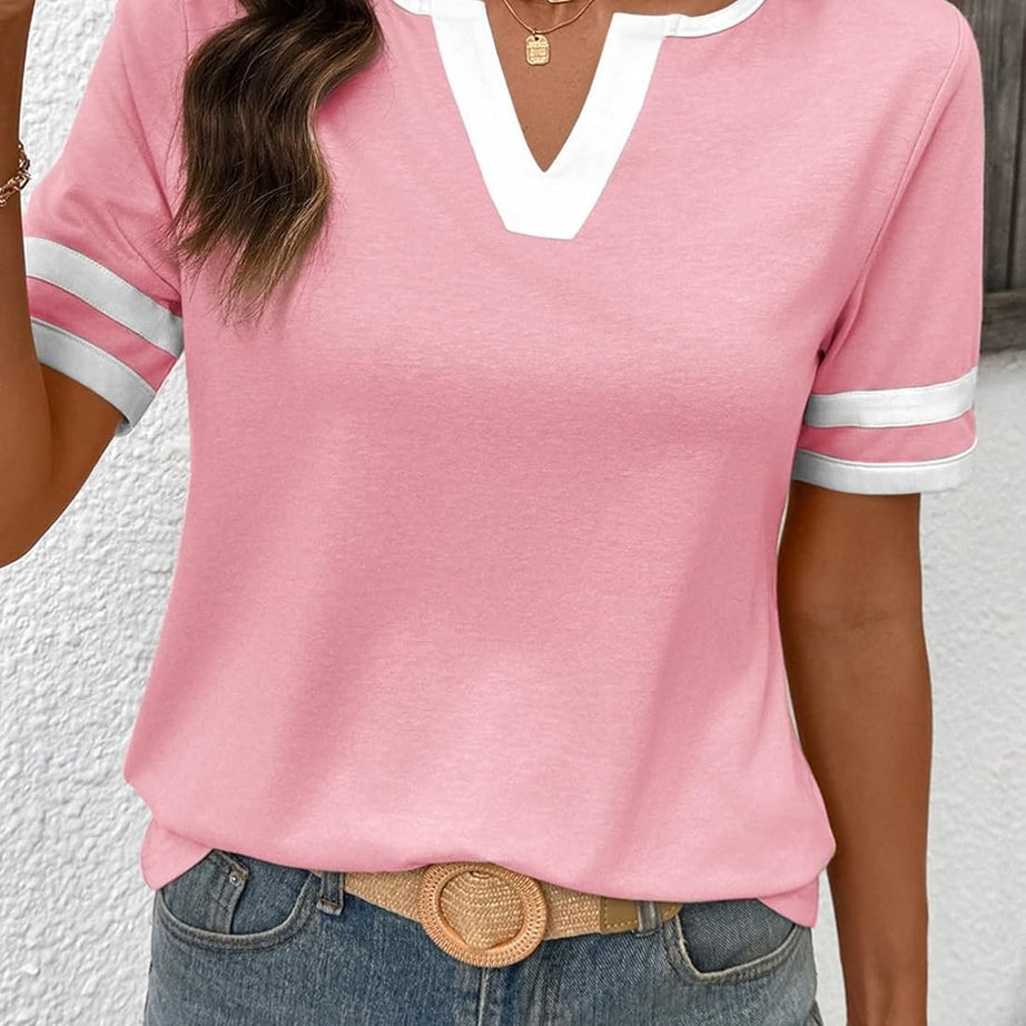 Women's Summer V Neck Colorblock Short Sleeve T-Shirts