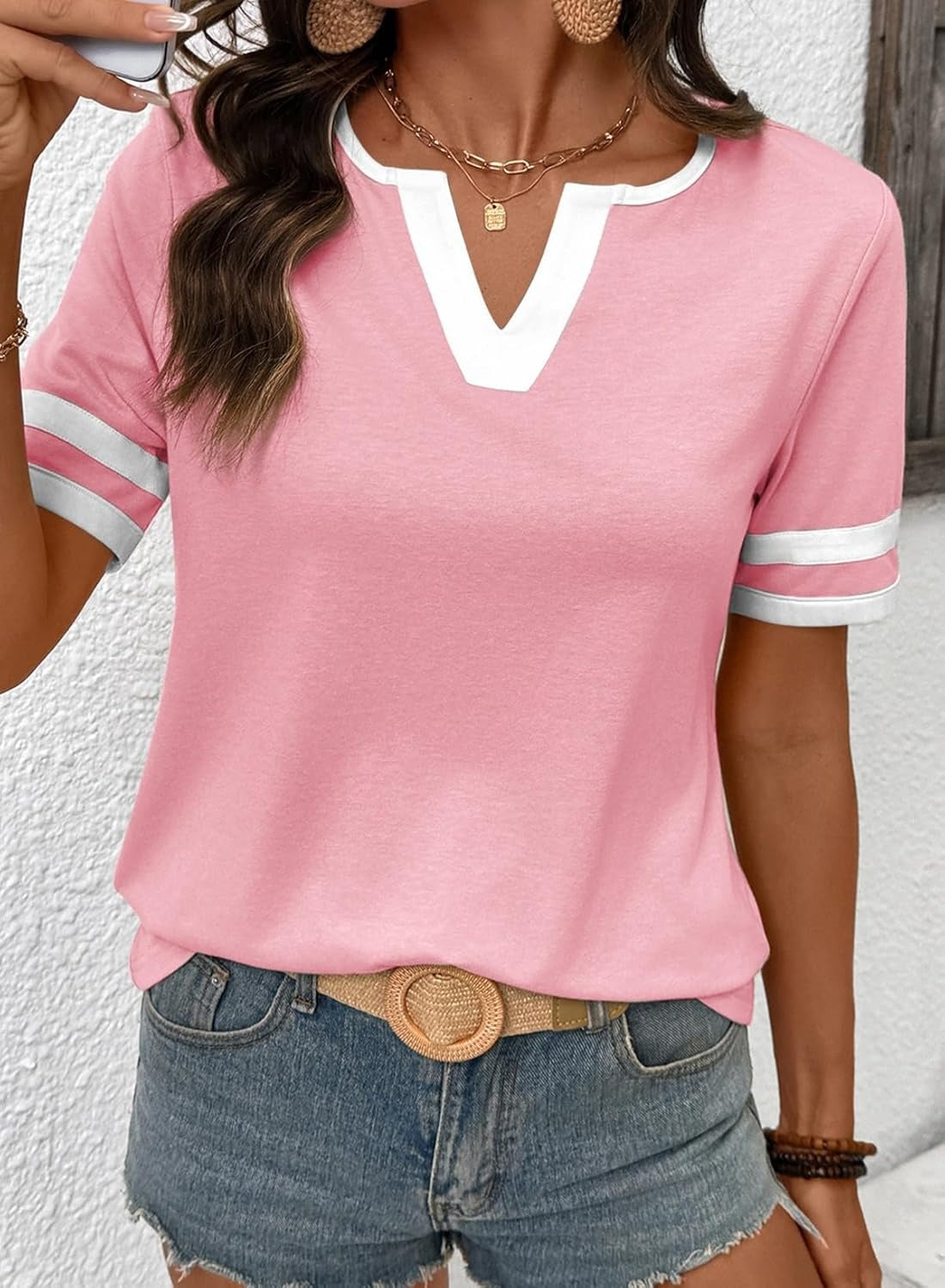 Women's Summer V Neck Colorblock Short Sleeve T-Shirts