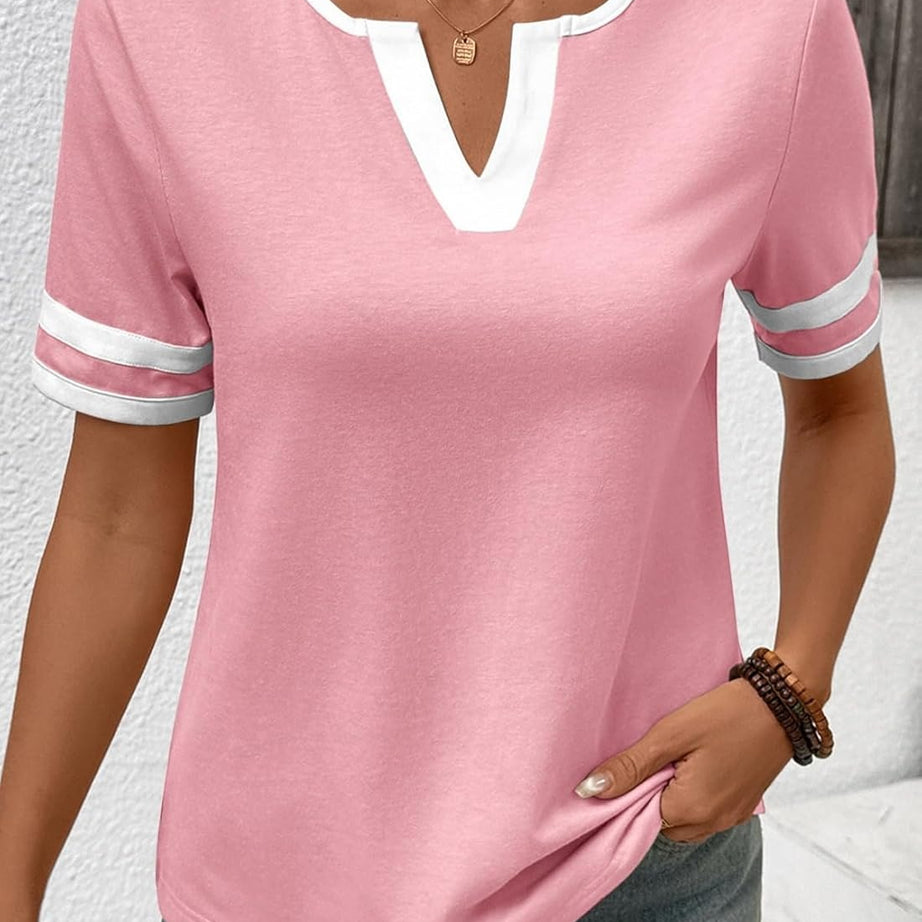 Women's Summer V Neck Colorblock Short Sleeve T-Shirts
