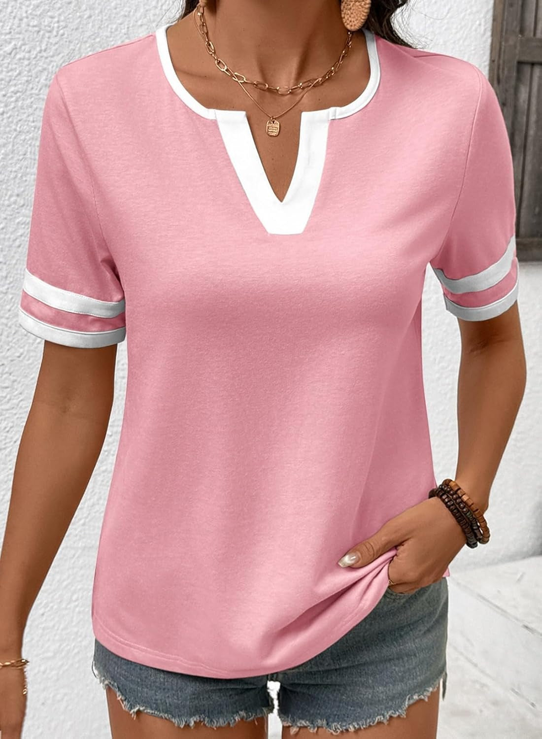 Women's Summer V Neck Colorblock Short Sleeve T-Shirts