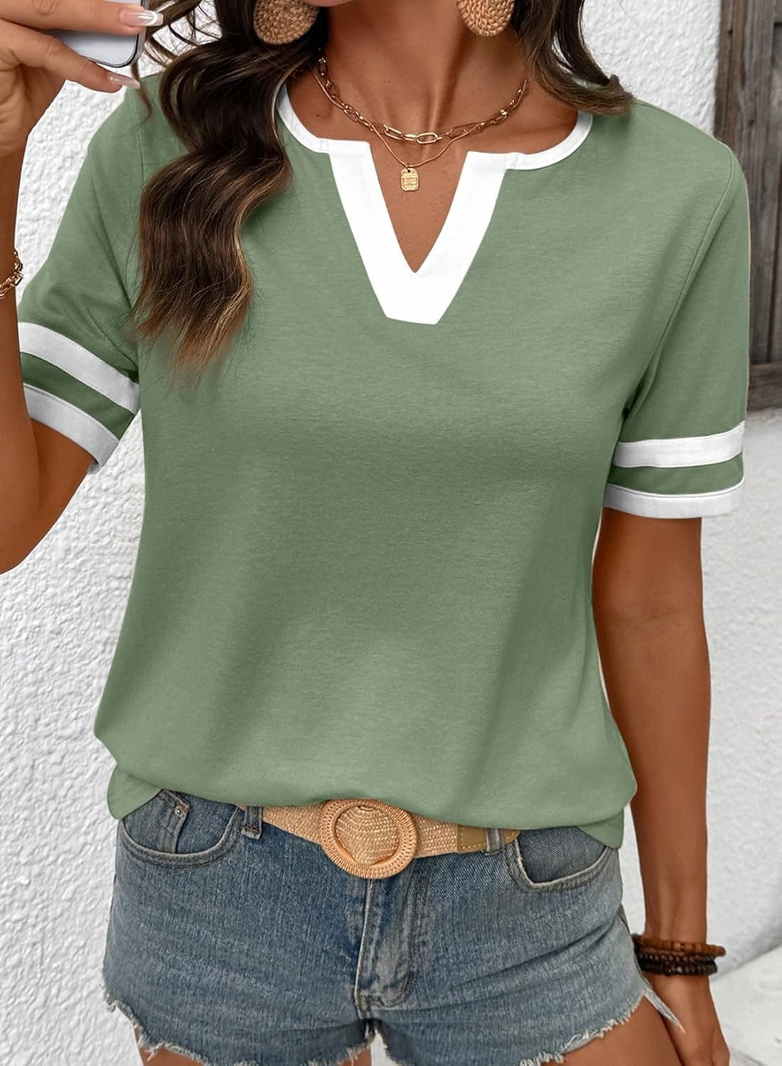 Women's Summer V Neck Colorblock Short Sleeve T-Shirts