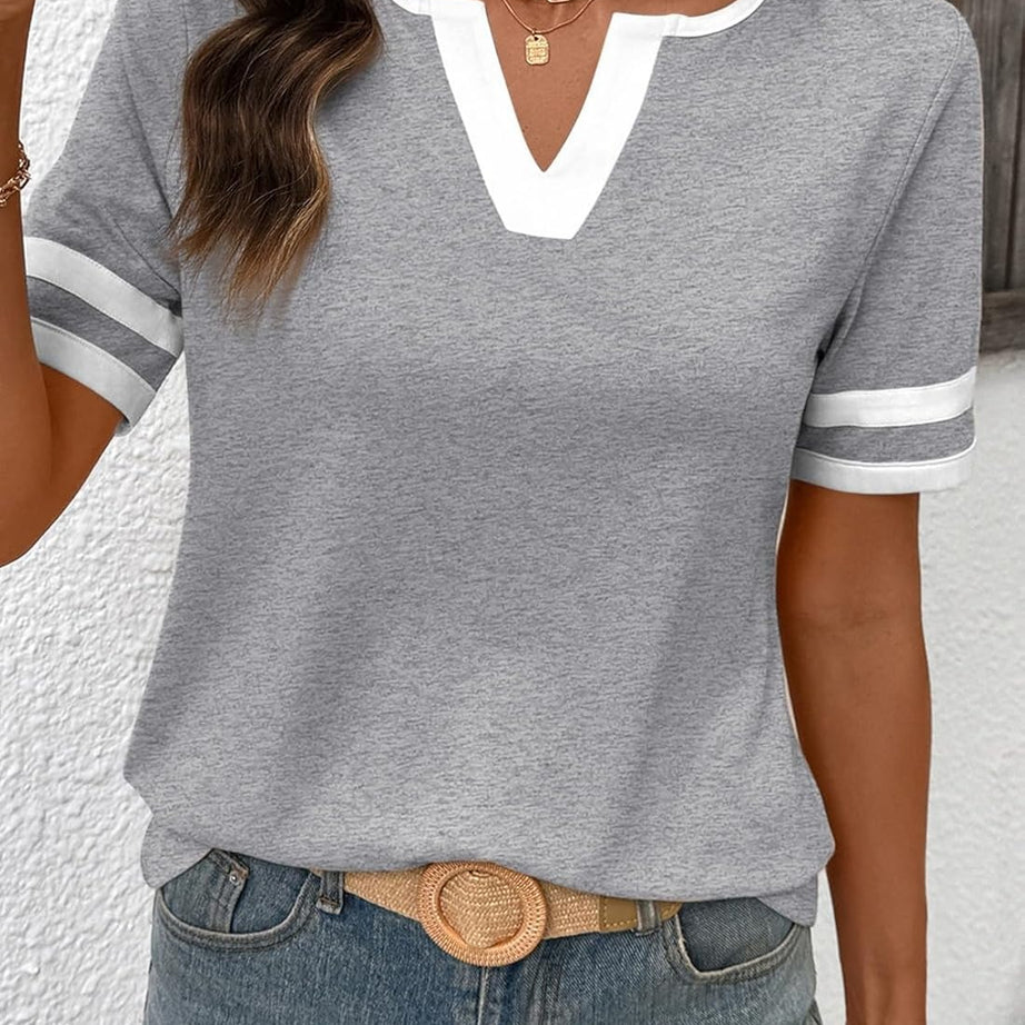 Women's Summer V Neck Colorblock Short Sleeve T-Shirts