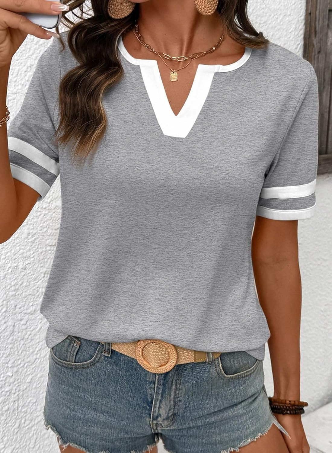 Women's Summer V Neck Colorblock Short Sleeve T-Shirts