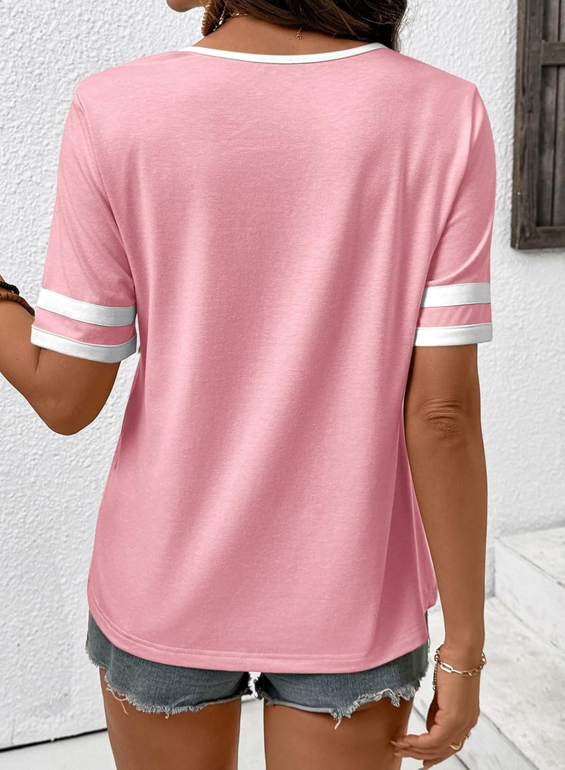Women's Summer V Neck Colorblock Short Sleeve T-Shirts