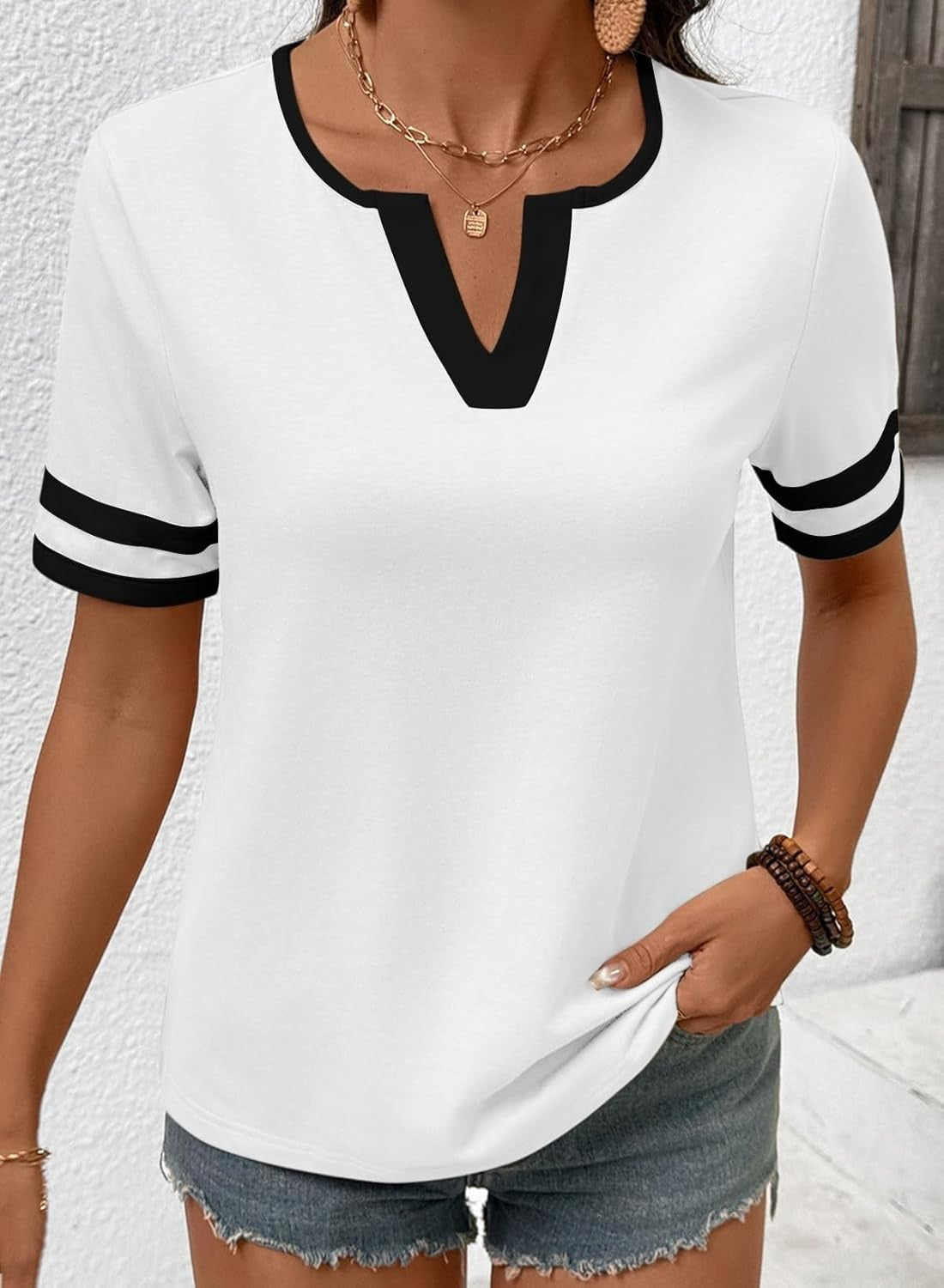 Women's Summer V Neck Colorblock Short Sleeve T-Shirts