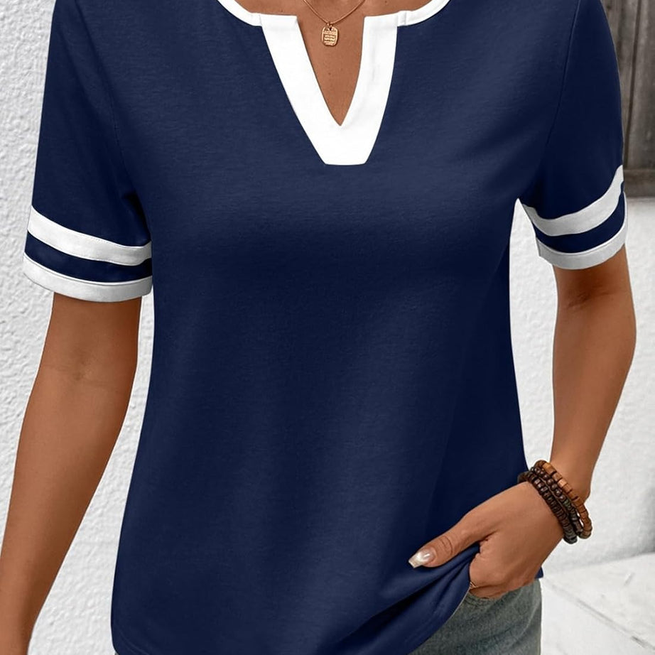 Women's Summer V Neck Colorblock Short Sleeve T-Shirts