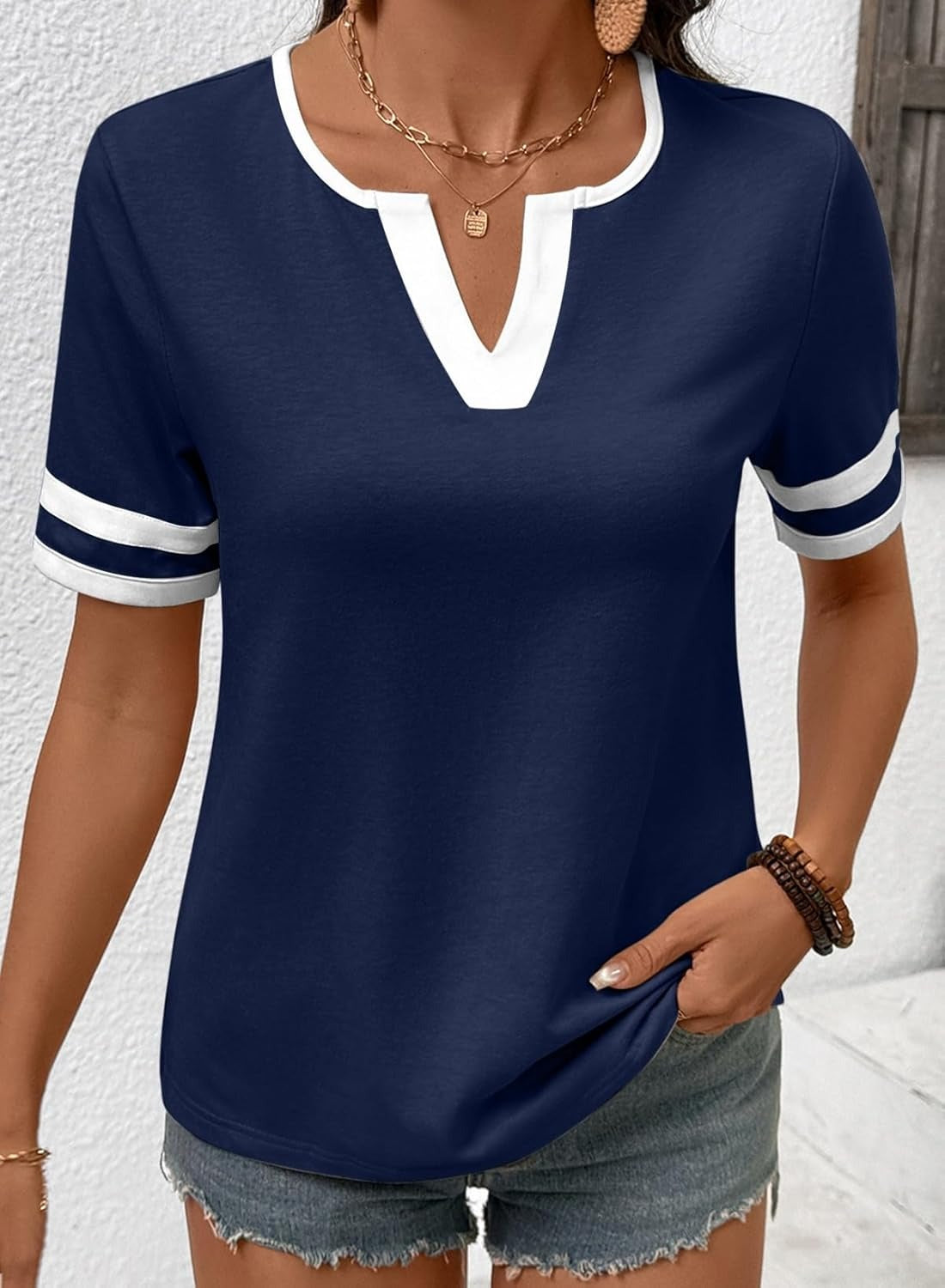 Women's Summer V Neck Colorblock Short Sleeve T-Shirts