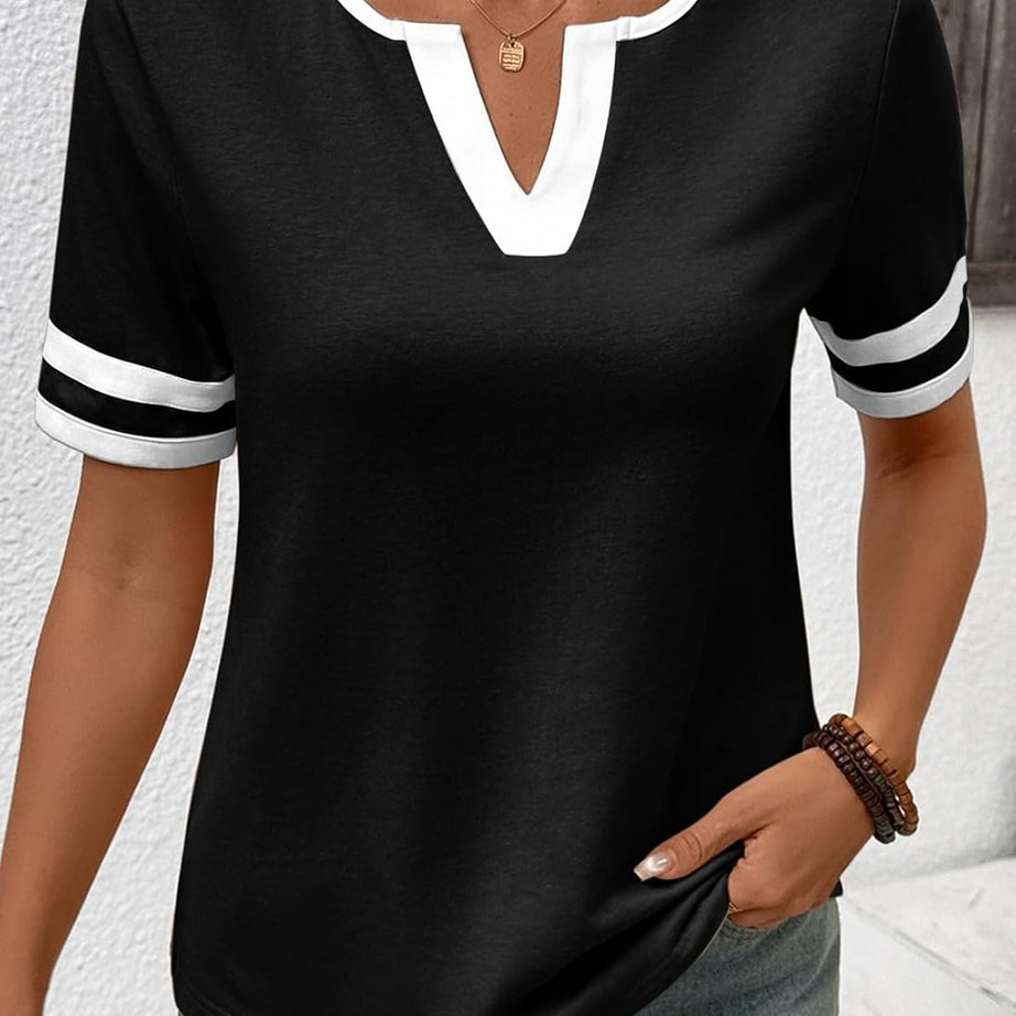 Women's Summer V Neck Colorblock Short Sleeve T-Shirts
