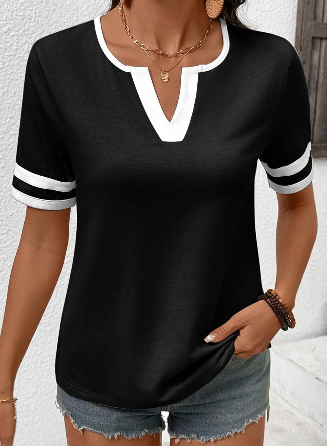 Women's Summer V Neck Colorblock Short Sleeve T-Shirts