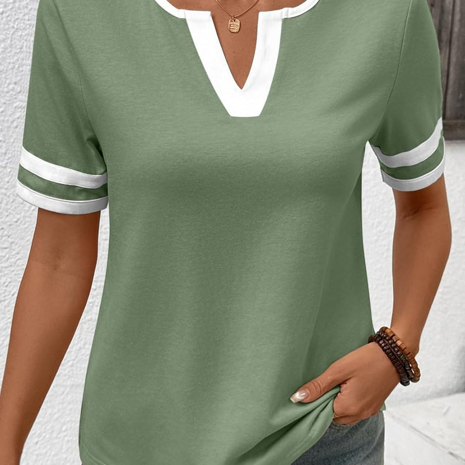 Women's Summer V Neck Colorblock Short Sleeve T-Shirts