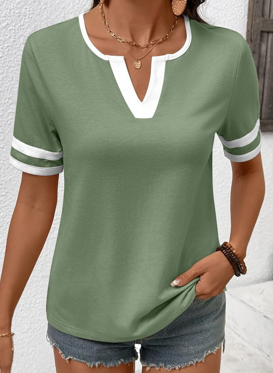 Women's Summer V Neck Colorblock Short Sleeve T-Shirts